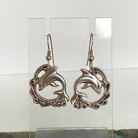 VTG Sterling Silver 925 VIMAR 1.60" Jumping Dolphin Wave Dangle Earrings Sealife - Picture 5 of 16